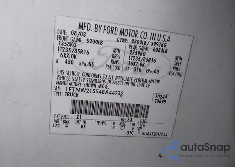 2004 Ford F-250 Lariat/Xl/Xlt z USA, uszkodzony, nr VIN 1FTNW21S54EA44732